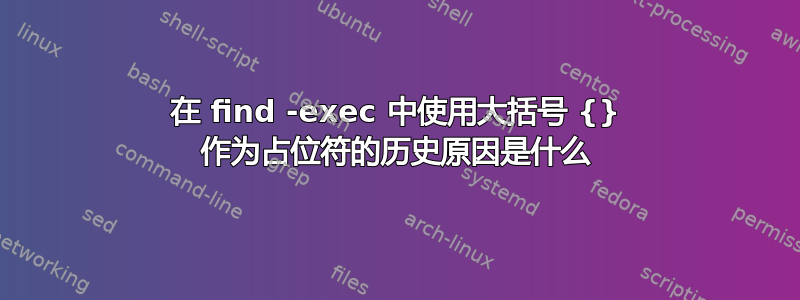 在 find -exec 中使用大括号 {} 作为占位符的历史原因是什么