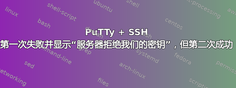 PuTTy + SSH 第一次失败并显示“服务器拒绝我们的密钥”，但第二次成功