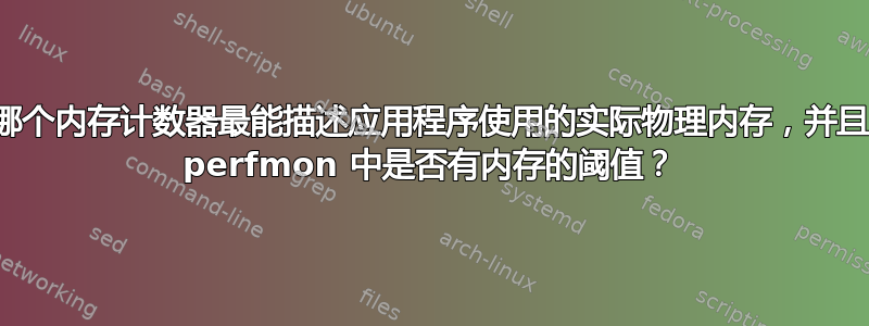 哪个内存计数器最能描述应用程序使用的实际物理内存，并且 perfmon 中是否有内存的阈值？