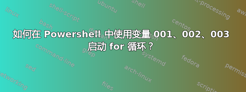 如何在 Powershell 中使用变量 001、002、003 启动 for 循环？