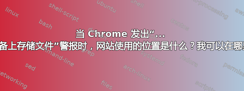 当 Chrome 发出“... 想要在此设备上存储文件”警报时，网站使用的位置是什么？我可以在哪里更改它？