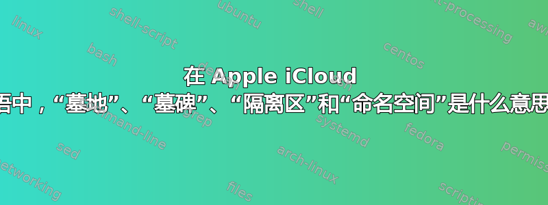 在 Apple iCloud 术语中，“墓地”、“墓碑”、“隔离区”和“命名空间”是什么意思？