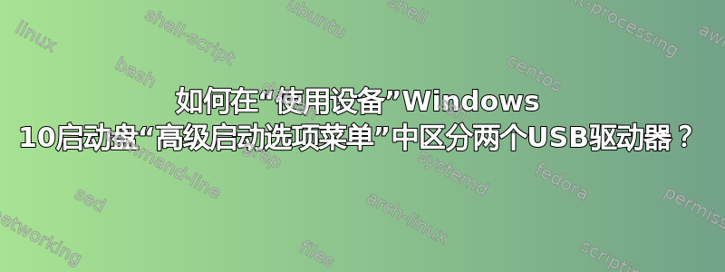 如何在“使用设备”Windows 10启动盘“高级启动选项菜单”中区分两个USB驱动器？