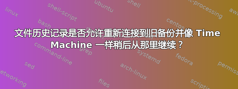 文件历史记录是否允许重新连接到旧备份并像 Time Machine 一样稍后从那里继续？