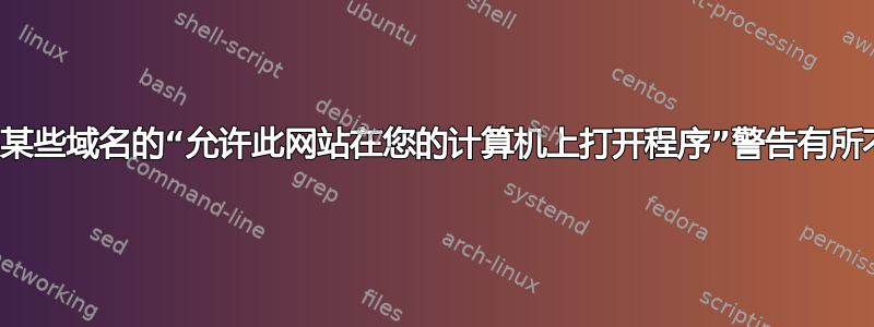 为什么某些域名的“允许此网站在您的计算机上打开程序”警告有所不同？