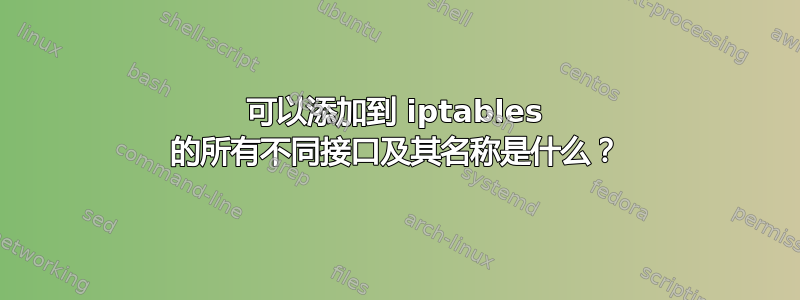 可以添加到 iptables 的所有不同接口及其名称是什么？