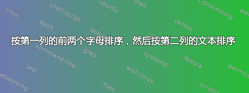 按第一列的前两个字母排序，然后按第二列的文本排序