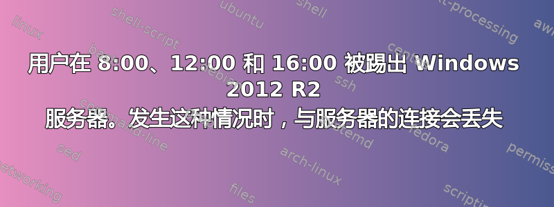 用户在 8:00、12:00 和 16:00 被踢出 Windows 2012 R2 服务器。发生这种情况时，与服务器的连接会丢失