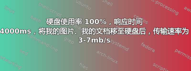 硬盘使用率 100%，响应时间 4000ms，将我的图片、我的文档移至硬盘后，传输速率为 3-7mb/s