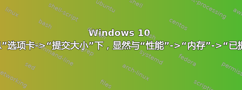 Windows 10 任务管理器的“详细信息”选项卡->“提交大小”下，显然与“性能”->“内存”->“已提交”中显示的内容不符