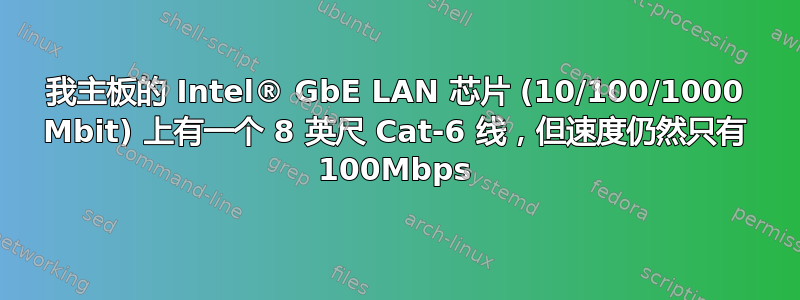 我主板的 Intel® GbE LAN 芯片 (10/100/1000 Mbit) 上有一个 8 英尺 Cat-6 线，但速度仍然只有 100Mbps