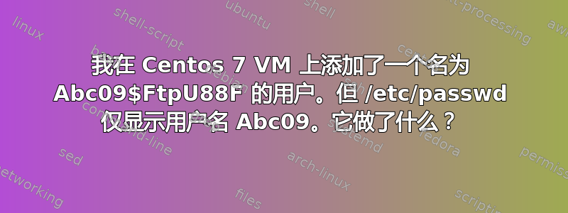 我在 Centos 7 VM 上添加了一个名为 Abc09$FtpU88F 的用户。但 /etc/passwd 仅显示用户名 Abc09。它做了什么？