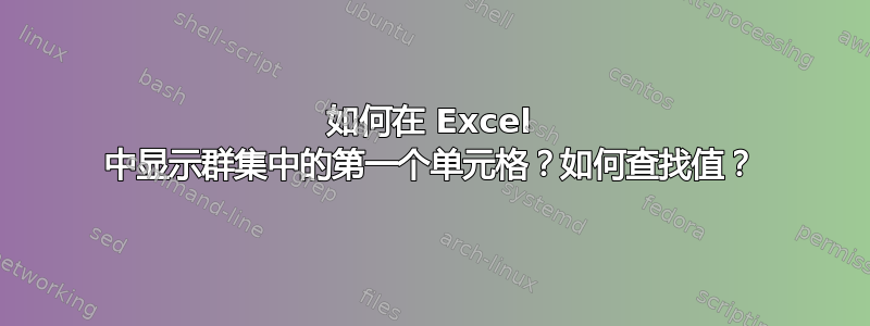 如何在 Excel 中显示群集中的第一个单元格？如何查找值？