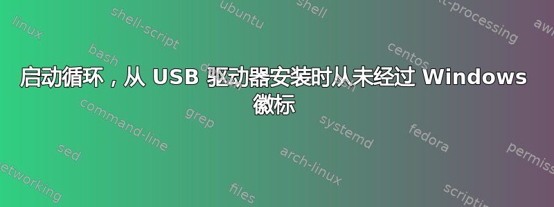 启动循环，从 USB 驱动器安装时从未经过 Windows 徽标