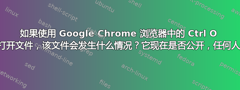 如果使用 Google Chrome 浏览器中的 Ctrl O 从我的个人电脑打开文件，该文件会发生什么情况？它现在是否公开，任何人都可以找到它？