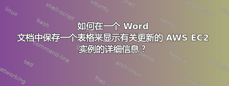 如何在一个 Word 文档中保存一个表格来显示有关更新的 AWS EC2 实例的详细信息？