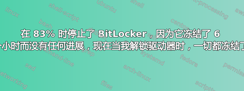 在 83% 时停止了 BitLocker，因为它冻结了 6 个小时而没有任何进展，现在当我解锁驱动器时，一切都冻结了