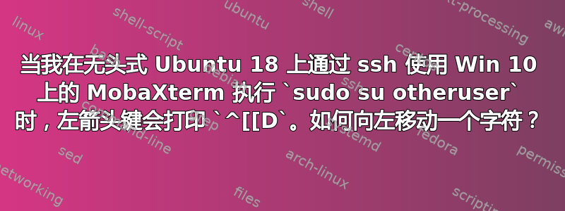 当我在无头式 Ubuntu 18 上通过 ssh 使用 Win 10 上的 MobaXterm 执行 `sudo su otheruser` 时，左箭头键会打印 `^[[D`。如何向左移动一个字符？