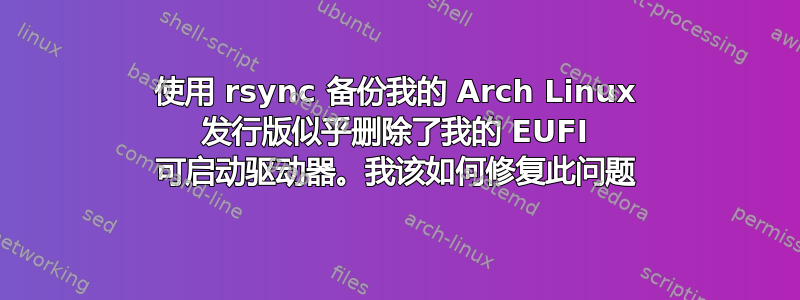 使用 rsync 备份我的 Arch Linux 发行版似乎删除了我的 EUFI 可启动驱动器。我该如何修复此问题