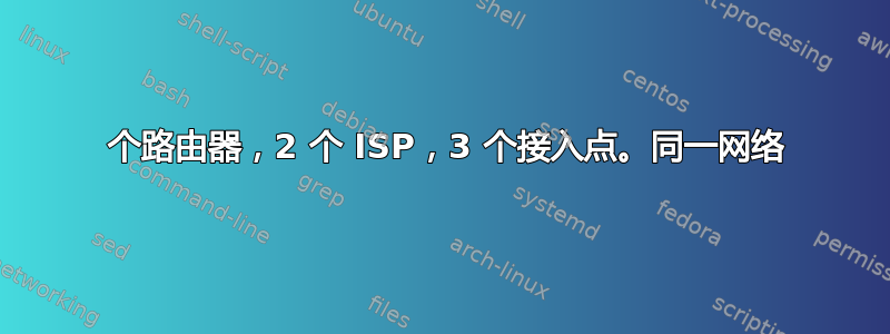 2 个路由器，2 个 ISP，3 个接入点。同一网络