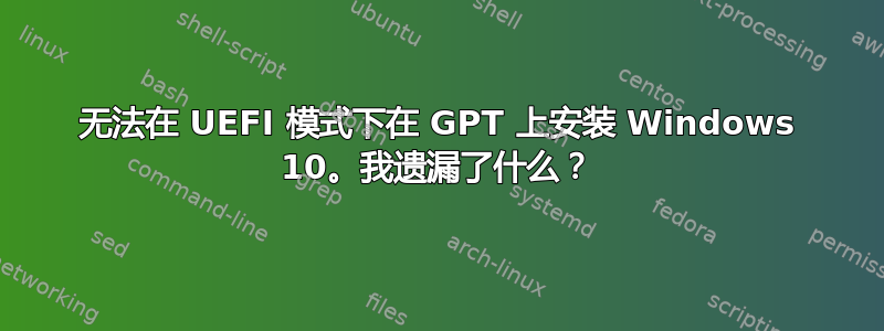 无法在 UEFI 模式下在 GPT 上安装 Windows 10。我遗漏了什么？