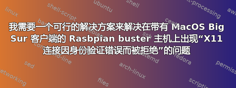 我需要一个可行的解决方案来解决在带有 MacOS Big Sur 客户端的 Rasbpian buster 主机上出现“X11 连接因身份验证错误而被拒绝”的问题