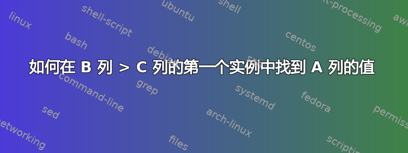 如何在 B 列 > C 列的第一个实例中找到 A 列的值