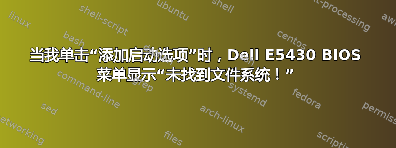 当我单击“添加启动选项”时，Dell E5430 BIOS 菜单显示“未找到文件系统！”