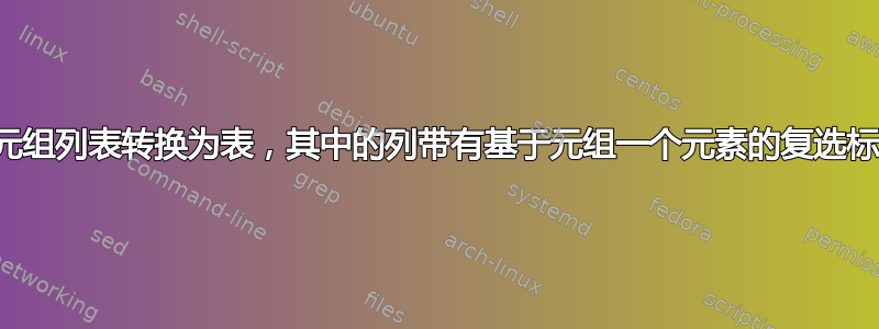 将元组列表转换为表，其中的列带有基于元组一个元素的复选标记