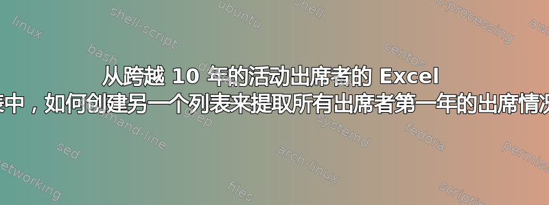 从跨越 10 年的活动出席者的 Excel 列表中，如何创建另一个列表来提取所有出席者第一年的出席情况？