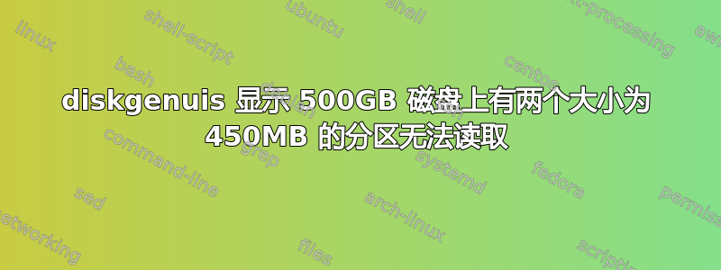 diskgenuis 显示 500GB 磁盘上有两个大小为 450MB 的分区无法读取