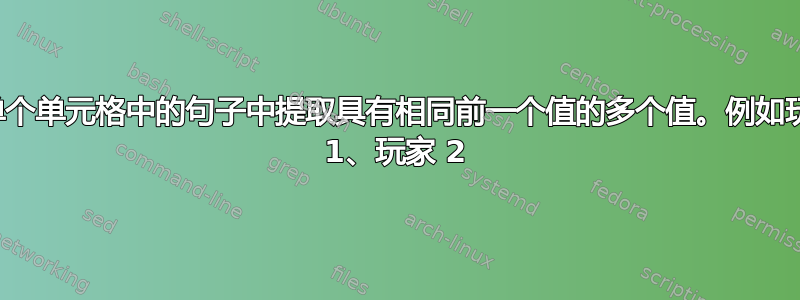 从单个单元格中的句子中提取具有相同前一个值的多个值。例如玩家 1、玩家 2