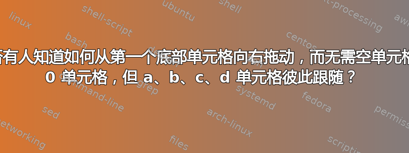 是否有人知道如何从第一个底部单元格向右拖动，而无需空单元格或 0 单元格，但 a、b、c、d 单元格彼此跟随？