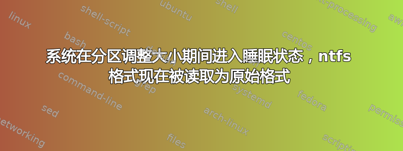 系统在分区调整大小期间进入睡眠状态，ntfs 格式现在被读取为原始格式