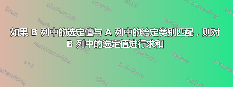 如果 B 列中的选定值与 A 列中的给定类别匹配，则对 B 列中的选定值进行求和