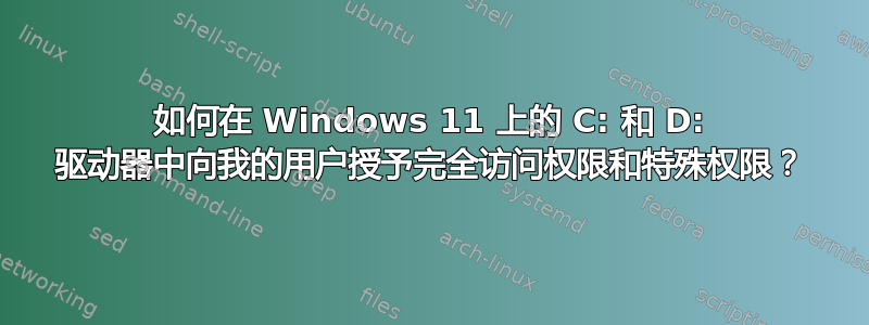 如何在 Windows 11 上的 C: 和 D: 驱动器中向我的用户授予完全访问权限和特殊权限？