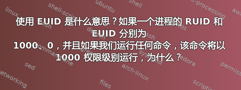 使用 EUID 是什么意思？如果一个进程的 RUID 和 EUID 分别为 1000、0，并且如果我们运行任何命令，该命令将以 1000 权限级别运行，为什么？