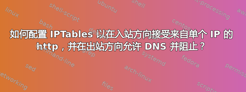 如何配置 IPTables 以在入站方向接受来自单个 IP 的 http，并在出站方向允许 DNS 并阻止？