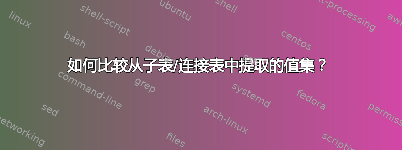 如何比较从子表/连接表中提取的值集？