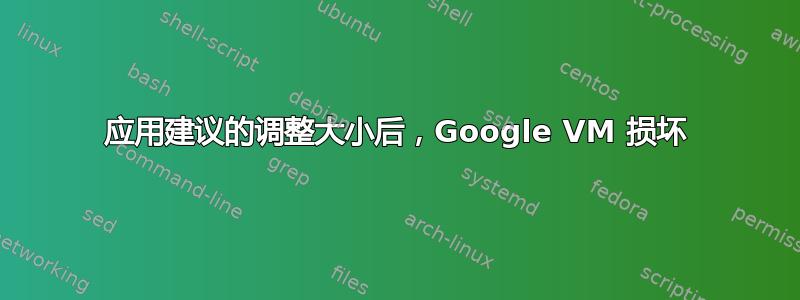 应用建议的调整大小后，Google VM 损坏