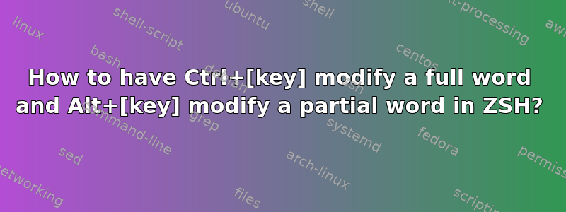 How to have Ctrl+[key] modify a full word and Alt+[key] modify a partial word in ZSH?