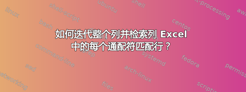 如何迭代整个列并检索列 Excel 中的每个通配符匹配行？