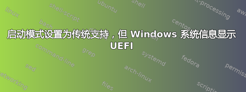 启动模式设置为传统支持，但 Windows 系统信息显示 UEFI