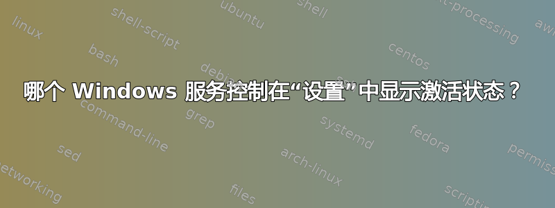 哪个 Windows 服务控制在“设置”中显示激活状态？