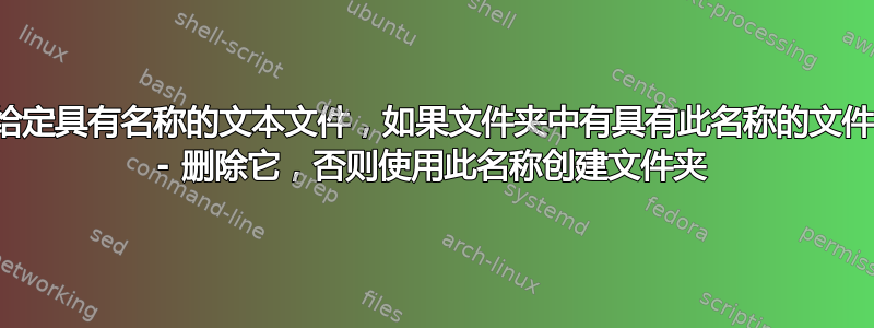 给定具有名称的文本文件，如果文件夹中有具有此名称的文件 - 删除它，否则使用此名称创建文件夹