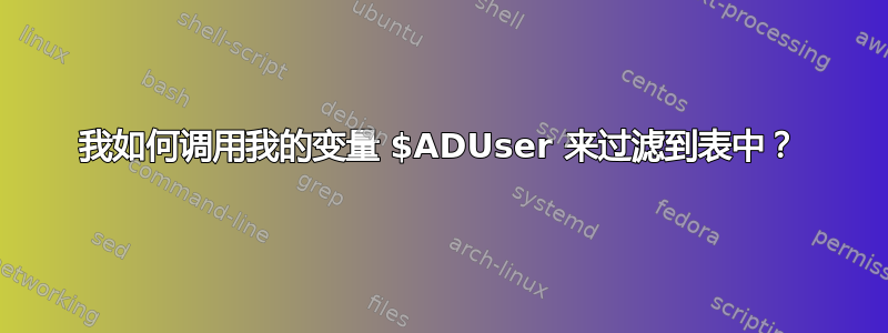 我如何调用我的变量 $ADUser 来过滤到表中？