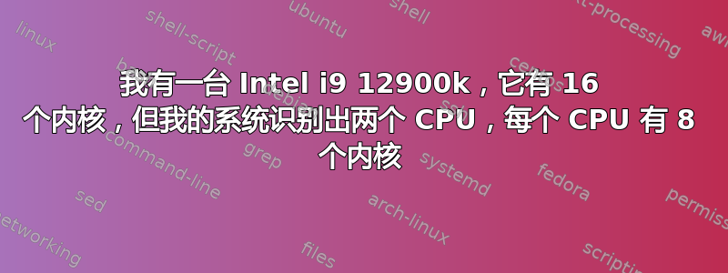 我有一台 Intel i9 12900k，它有 16 个内核，但我的系统识别出两个 CPU，每个 CPU 有 8 个内核