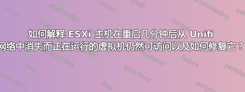 如何解释 ESXi 主机在重启几分钟后从 Unifi 网络中消失而正在运行的虚拟机仍然可访问以及如何修复它？