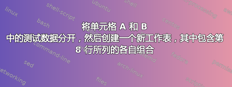 将单元格 A 和 B 中的测试数据分开，然后创建一个新工作表，其中包含第 8 行所列的各自组合