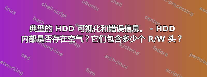 典型的 HDD 可视化和错误信息。 - HDD 内部是否存在空气？它们包含多少个 R/W 头？